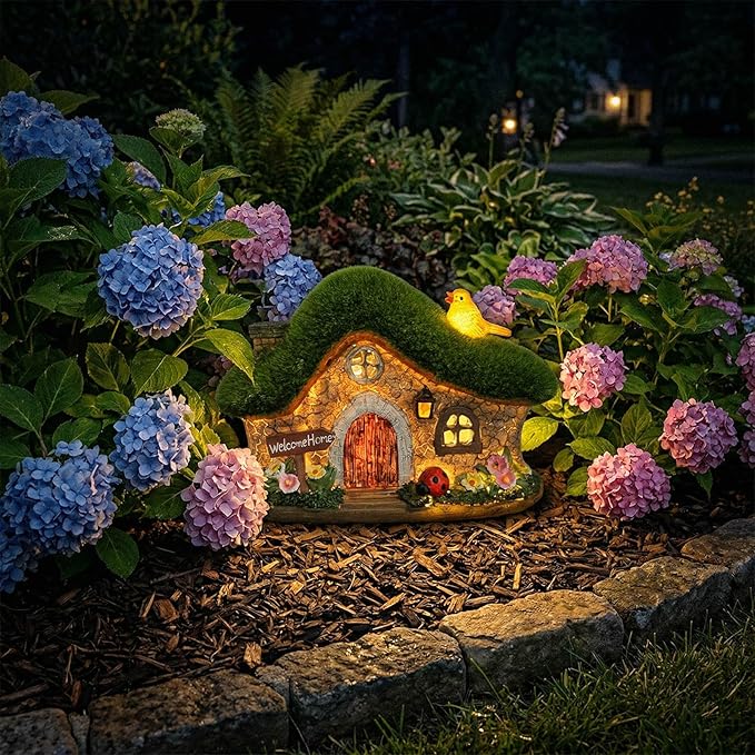 Resin Fairy House Statues with Solar Lights Outdoor for Garden Decor Funny Birds Ladybird Flocked Fairy House with Garden Figurine Patio Yard Lawn Decorations Gift for Mom Women (Green)