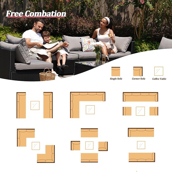Patio Furniture Set, Outdoor Couch Set—All-Weather Outdoor Furniture Sectional w Water Resistant Thick Cushions, Patio Sofa Set (Deep Gray & Black)