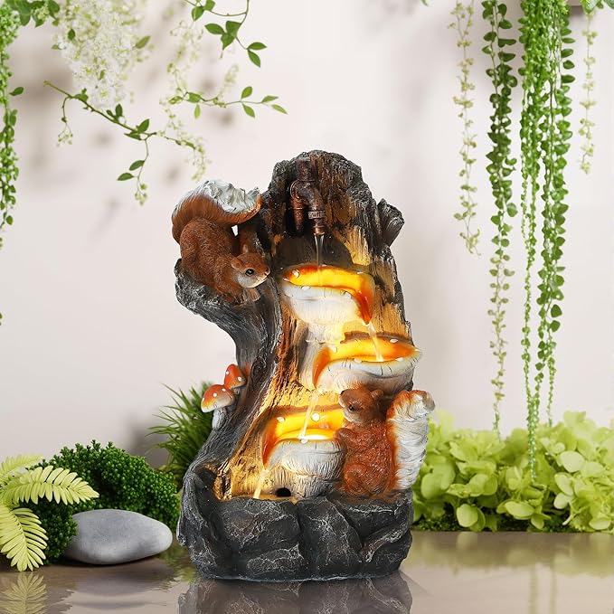 4 Tiered Outdoor Water Fountains, Garden Waterfalls with LED Lights, Squirrel Waterfall Fountain Outside, Tree Stump Cascading Fountain for Garden, Yard, Patio, Home Decor