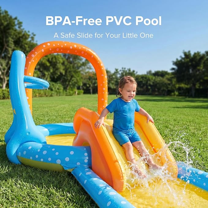 Inflatale Kiddie Pool with Slide, 131.8" Kids Water Play Center with Splash Pool, Outdoor Backyard Water Toy for Summer Fun, Blue & Orange