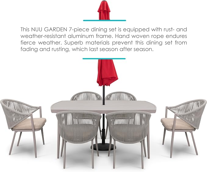 Nuu Garden Outdoor 7 Piece Dining Set, Woven Rope Conversation Chairs with Seat Cushions and Tufted Pillows, Aluminum Dining Table with 2.76" Umbrella Hole, Ideal for Patio, Lawn, Garden, Porch, Beige