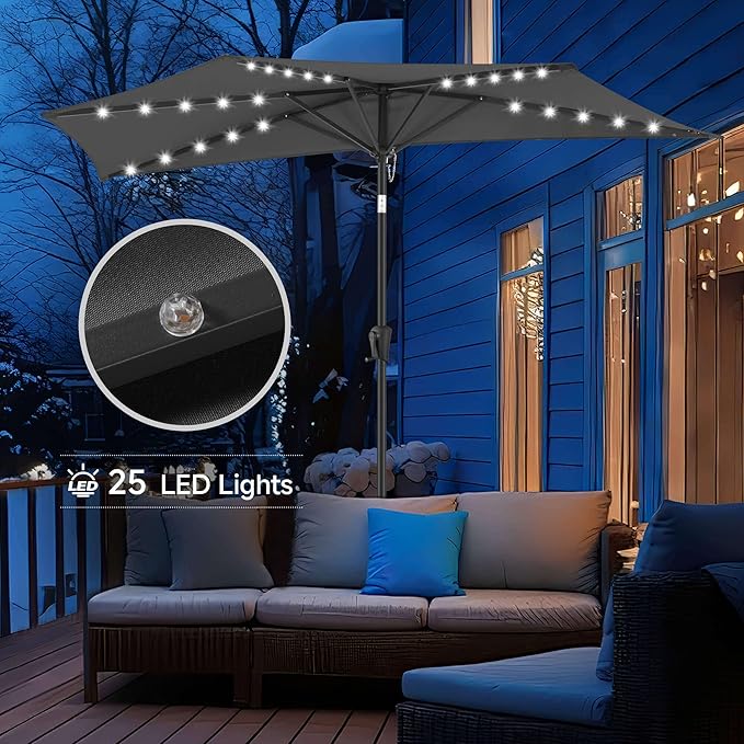 9FT Solar Half Umbrellas Outdoor - LED Half Patio Umbrella with 25 Lights, UV Protection Waterprool, Half Round Umbrella for Wall Balcony, Pool, Porch, Garden, Deck, Backyard, Anthracite
