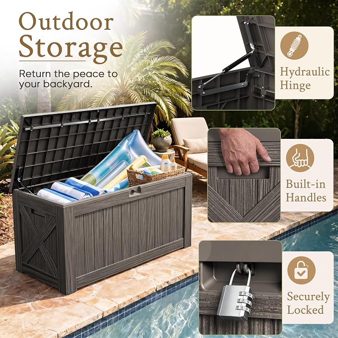 Devoko 120 Gallon Deck Box Resin Outdoor Storage Box Waterproof for Patio, Large Outdoor Storage Bench Lockable for Outside (Deep Brown)