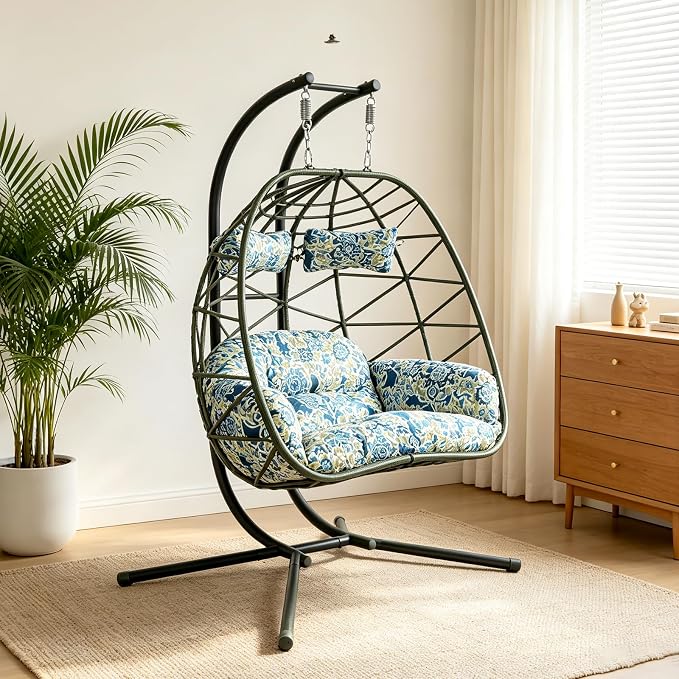 2 Person Double Hanging Egg Chair, Oversized Wicker Rattan Loveseat Swing Chair, Heavy Duty 600lbs Capacity, Foldable Basket Hammock Chair with Thick Cushion for Indoor Outdoor Patio Bedroom