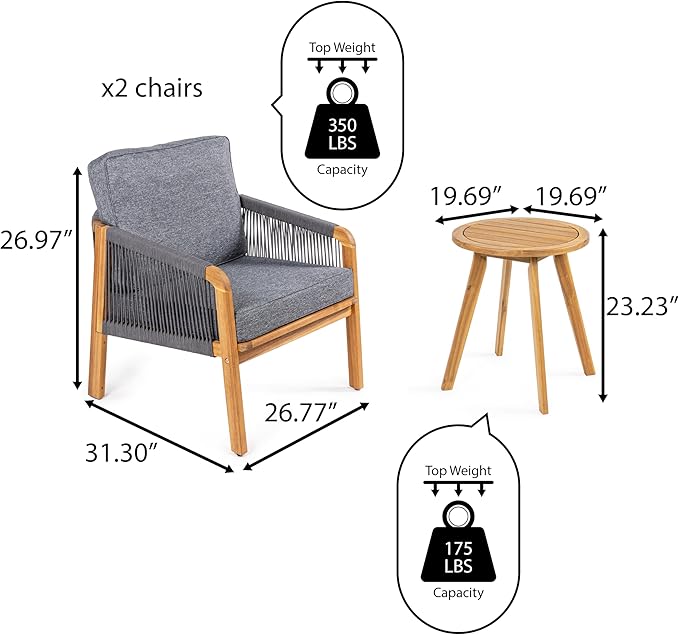 JONATHAN Y LVG1203B-3SET Aveiro 3-Piece Modern Bohemian Roped Acacia Wood Conversation Outdoor Patio Set with Cushions, Coastal, Contemporary, Transitional, Rustic, Cottage Gray/Teak Brown