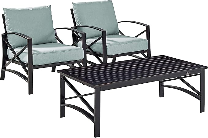 Crosley Furniture Kaplan 3-Piece Outdoor Chair and Coffee Table Set, Wicker Patio Conversation Sets for Deck, Oiled Bronze with Mist Cushions