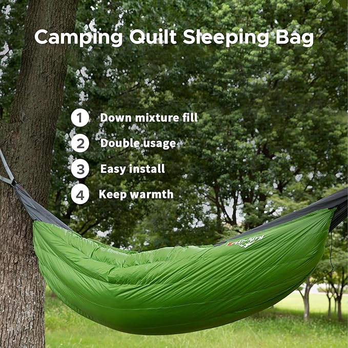 Camping Hammock Duvet with Duck Down Fill, All Weather Windproof Underquilt for Backpacking and Hiking, Lightweight Hybrid Sleeping Gear for Outdoor Adventures (Green)