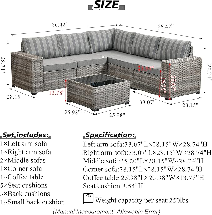 HOOOWOOO Outdoor Patio Sectional Furniture Sofa Set with Widened Armrest,6 Piece Small Modern Wicker Couch,Modular L Shaped Conversation Seating Set with Table for Out Door Garden Corner(Grey Strips)