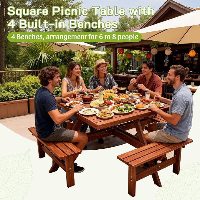 46 in. Square Picnic Table with Benches for 8 Persons, Outdoor Wooden Dining Set with Umbrella Hole, Waterproof & Sturdy Cross Structure for Backyard, Garden, Camping, Easy Clean
