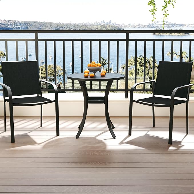 Anmutig 3-Piece Outdoor Dining Set, Small Metal Bistro Table with 2 Stackable Sling Chairs, 27.5 x 27.5 Inch Round Table, Black Fabric