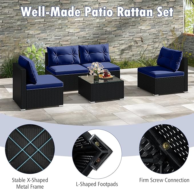 Tangkula 5 Piece Rattan Sofa Set, Outdoor Wicker Furniture Set w/Seat & Back Cushions, Square Coffee Table, Patio Sectional Sofa Set for Backyard, Poolside, Garden (Navy)