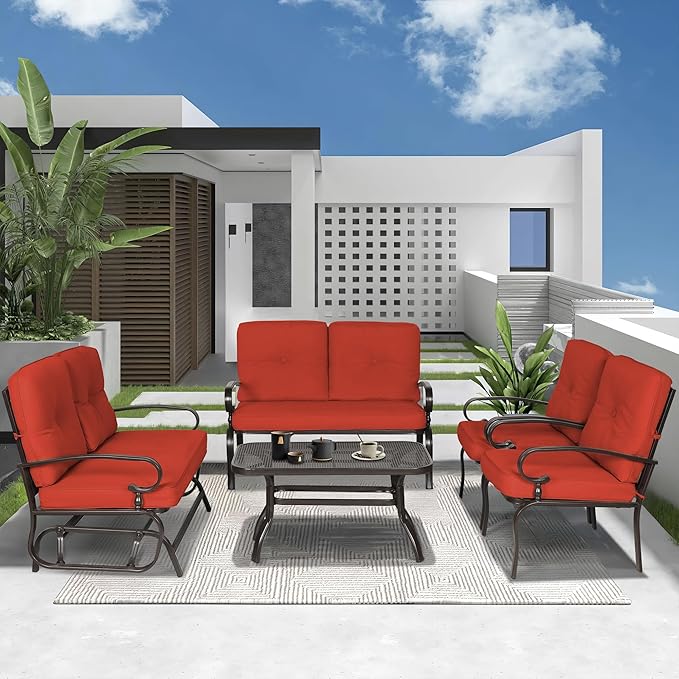Incbruce 5 Pcs(6 Seats) Outdoor Metal Furniture Sets Wrought Iron Patio Conversation Sets, (Glider, 2 Single Chairs, Loveseat, and Coffee Table) with Cushion (Red)