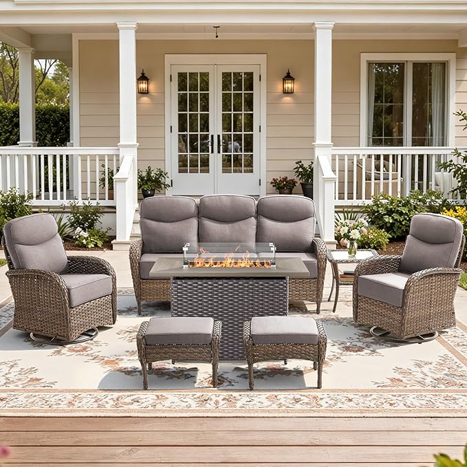 7-Piece Luxury Patio Furniture Set with 6-Inch Thick Cushions, High-Back Outdoor Sofa & Swivel Rocking Chairs with Wicker 42" Fire Pit, All-Weather Conversation Set for Porch, Deck, Yard – Gray