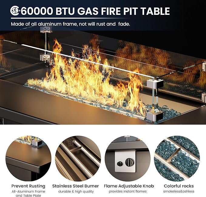 Amopatio Patio Furniture with Fire Pit, 8 Pcs Aluminum Outdoor Metal Patio Sofa Set with Aluminum Fire Pit Table,White&Blue(Included Waterproof Covers)
