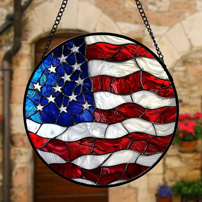 DASTOLL Stained Glass Window Hanging, Blue, White Red National Flag Pattern Sun Catchers Diamond Glass Panel Window Hangings Decor for Birthday Gifts for Women, Men, and Mom 7.8x7.8 in