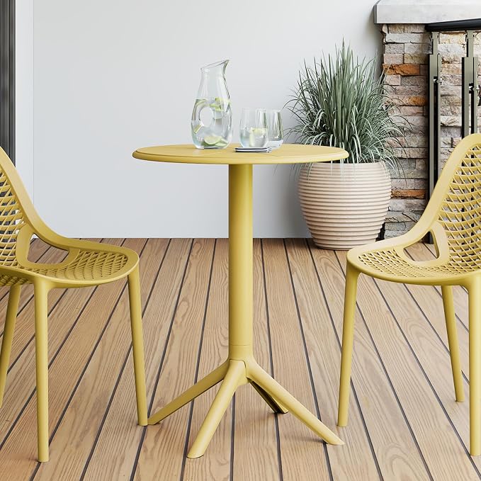 Costaelm Patio Table for 4-Person, Outdoor Patio PP Round Dining Table, All-Weather Bistro Dining Table for Backyard Deck Porch Poolside, Yellow