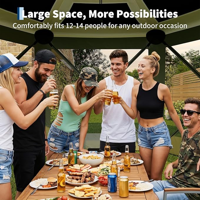 GarveeLife 13x13FT 6-Sided Pop Up Gazebo Tent，One-Push Setup Canopy Tent with Removable Canopy Top & Wind Cloths, Outdoor shelter for Camping, Backyard Parties, Outdoor Events - Army Green