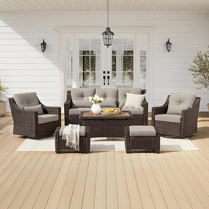 CHITA 6 Pieces Wicker Patio Furniture Set, Outdoor Conversation Set with 2 Pieces Rattan Rocking Swivel Chairs, 2 Pieces Ottomans and 3-Seater Sofa