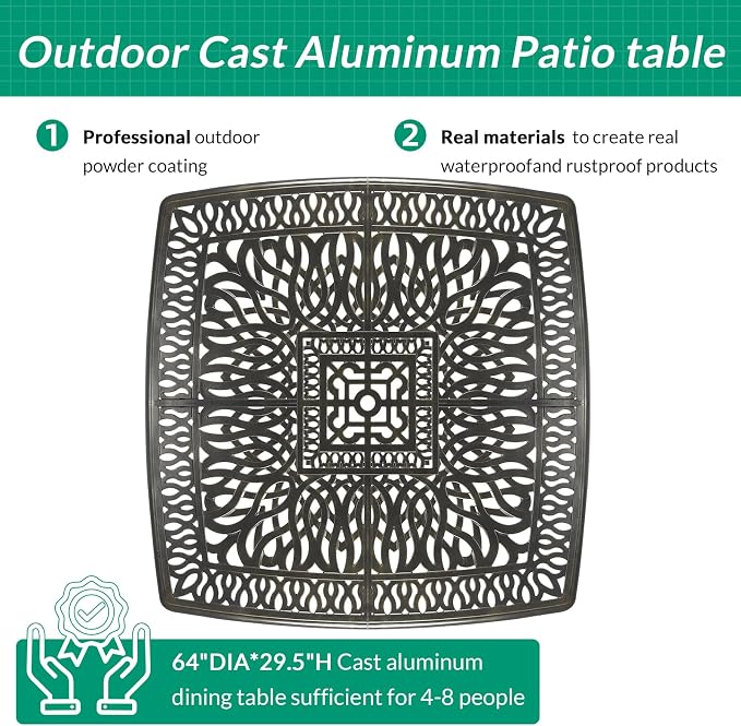 VIVIJASON 9-Piece Outdoor Dining Set, Cast Aluminum Patio Table & Chair Furniture Set for 8, Include Large 64" Square Dining Table, 4 Swivel Rocker Chairs, 4 Stationary Chairs, Umbrella Hole, Red