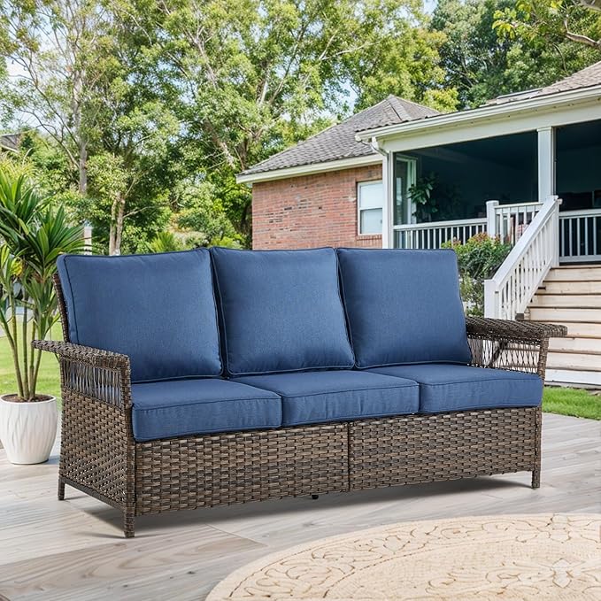 Patio Furniture Set 2 Wicker Patio Chairs 2 PE Rattan Ottomans with Blue Cushions Patio PE Rattan Sofa and Coffee Table Brown Wicker Patio Conversation Set 6pcs for Garden Backyard