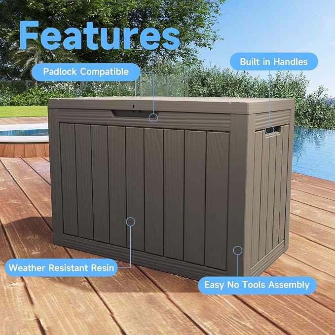 Pepe Tee Waterproof Resin Deck Box, Outdoor Storage Bin for Patio Furniture Cushions, All-Weather Garden Organizer & Seating Bench, Coffee