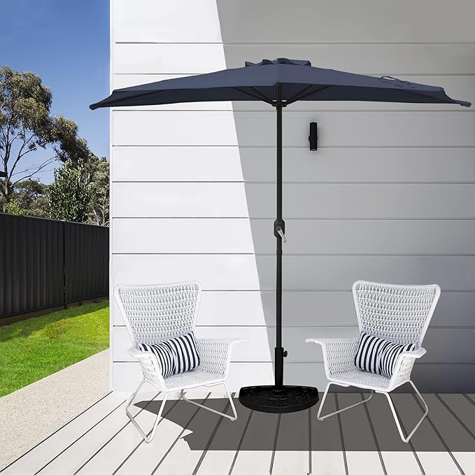 WO Home Furniture 9 ft Half Market Outdoor Umbrella With Sturdy Half Base included, Polyester Canopy, All Weather and UV Resistant for your Patio, Awning, Window, Garden, Balcony, Navy Blue