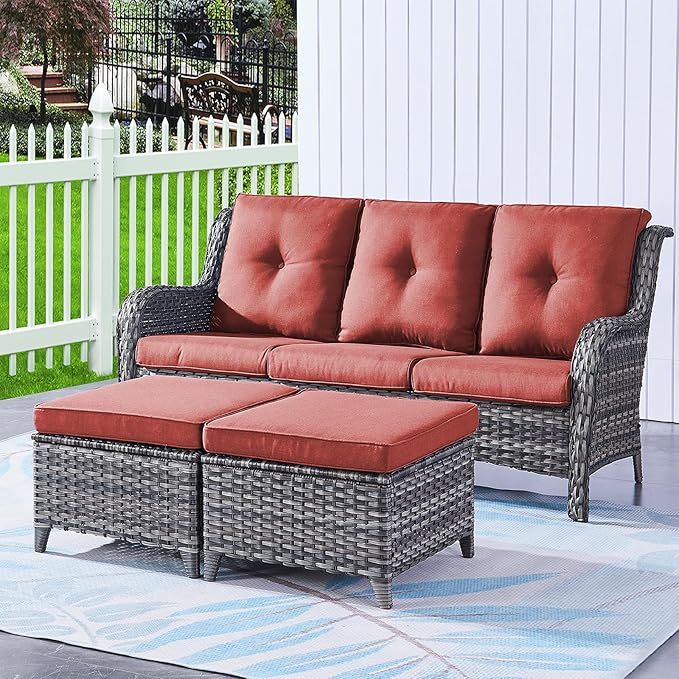 Rilyson 3 Piece Wicker Patio Furniture Set - Outdoor Rattan Patio Comversation Set with 1 Sofa and 2 Ottomans for Outside Porch Deck Garden(Mixed Grey/Red)