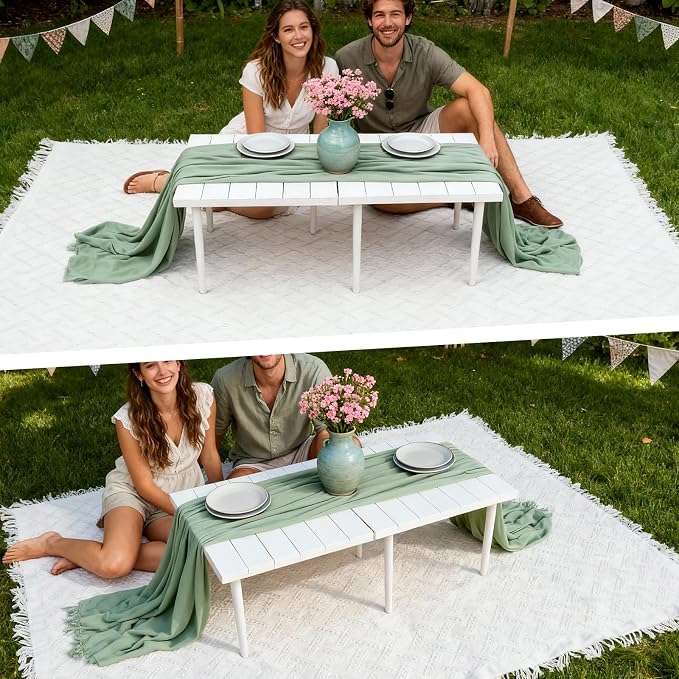 Hahafelt 2 Set Low Picnic Table, Foldable Boho Picnic Table with Extra Large Outdoor Camping Blanket Portable Boho Wood BBQ Tables for Camping Wedding Beach BBQ Party (44.1''x22.1''x12.9'',White)