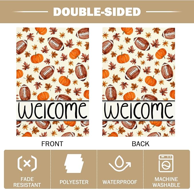 Welcome Fall Football Garden FLag 12X18 IN Double Sided Autumn maple leaves Pumpkin Garden Flags for Harvest Thanksgiving Halloween Farmhouse Yard Outside Decoration