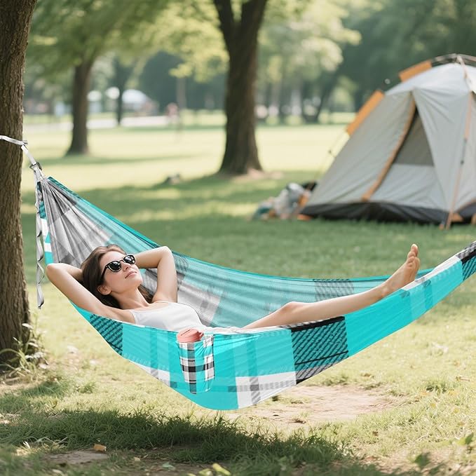 Black White Blue Checkered Plaid 330lb Capacity Camping Hammocks with Tree Straps Hanging Hammock for Camping & Hiking Essential Silla colgante para Patio Exterior