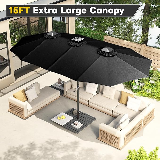 AECOJOY 15ft Patio Umbrella with Solar Lights, Double Sided Large Patio Umbrella with Crank Handle and 156 PCS LED Lights, Outdoor Rectangular Market Umbrella for Backyard Deck Pool in Black(1.9" Pole)