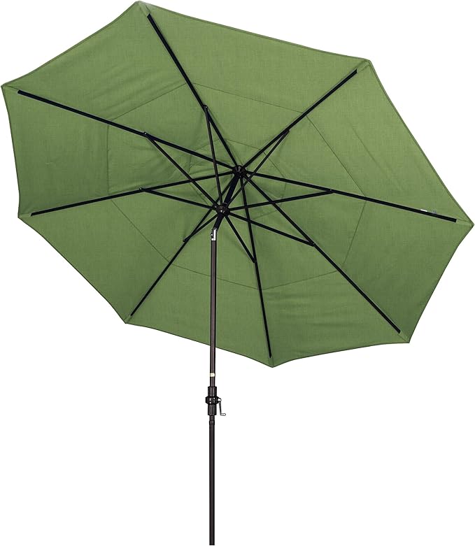 California Umbrella 11' Round Crank Lift, Collar Tilt, Aluminum Pole, Fiberglass Rib Patio Umbrella, Bronze Finish, Sunbrella Cilantro