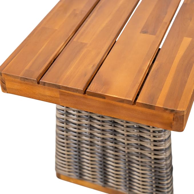 Merax 2-Piece Outdoor Dining Set Acacia Wood, 1 Table + 1 Bench, Slatted Design Tabletop & Woven Rattan Legs, Weather-Resistant Rectangle Patio Dining Set, Grey