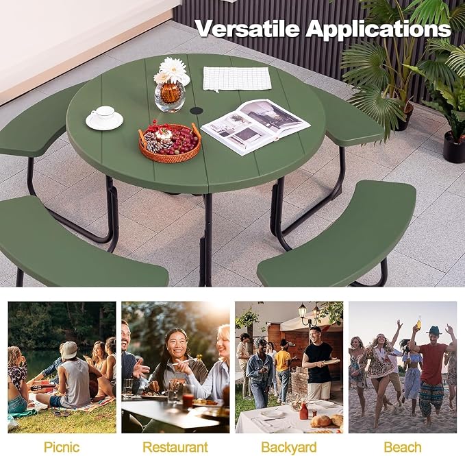 Round Picnic Table for Outdoors, 8 Person Outdoor Picnic Tables & Benches Set with Umbrella Hole, HDPE Tabletop & Metal Frame, 2000 LBS Capacity Table Bench Set for BBQ, Garden, Lawn, Patio