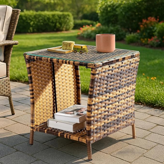HOMSUPPLIE'S Outdoor Rattan Side Table with Storage, Square Patio Coffee Table w/Tempered Glass Top, Wicker End Table for Porch, Balcony, Poolside & Backyard(Yellow,Tempered Glass sty.3)