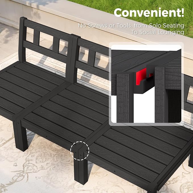 Outdoor Patio Chairs Set of 2, HIPS Modular Sectional Seatings & Thick Cushions– Side Interlock Easy to Connect, Weatherproof Patio Furniture Set for Backyard, Deck, Poolside (Black)