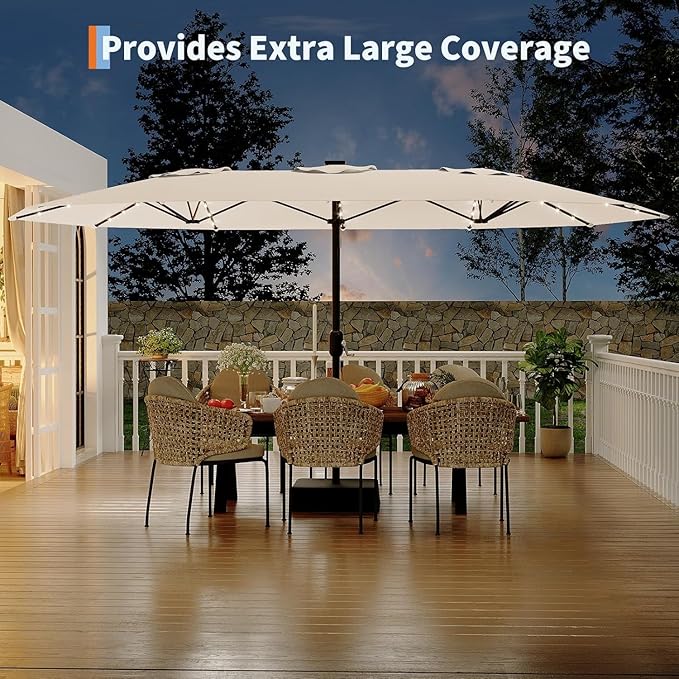 Garvee 15 ft Rectangular Patio Umbrella with Solar Lights & Base Included - Large Patio Umbrella with Crank Handle 36 LED Lights, UV Protection for Outdoor Market, Backyard, Deck, Pool, Beige