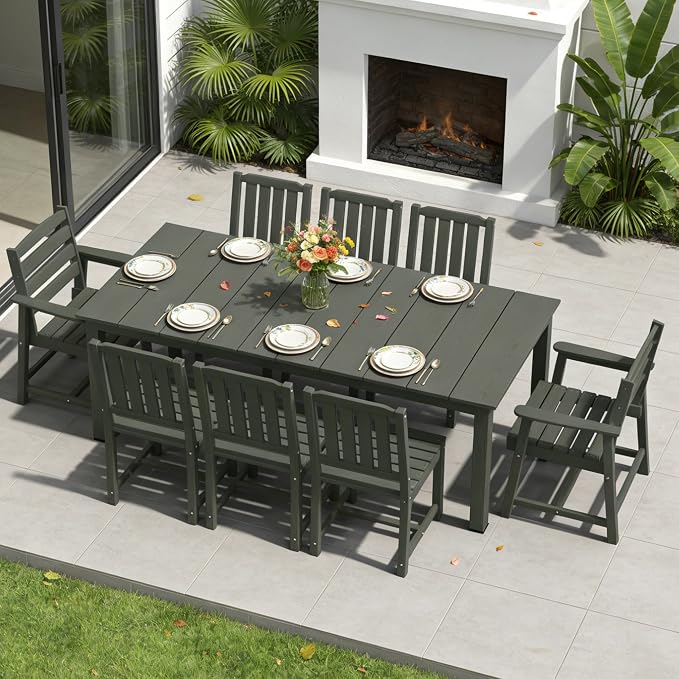 PLUUV 9-Piece Outdoor Patio Dining Set – HDPE Dining Table with Aluminum Legs and Umbrella Hole, 8 Chairs & 1 Table, All-Weather Patio Furniture Set for Garden Deck Backyard, Grey