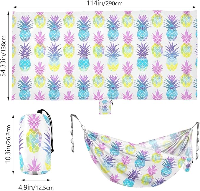 Camping Hammock Outdoor Hammocks for Outside Rainbow Pineapple Beach Trees Portable Lightweight with Pockets Tree Straps Indoor