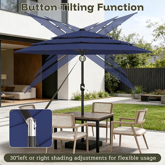 GDPFN 10FT Patio Table Umbrella Outdoor, 3 Tier Tilting Vented Windproof Market Umbrella for Outside, Outdoor Sun Shade for Inside of Pool, Deck, Backyard, Garden, Navy Blue (No Base)