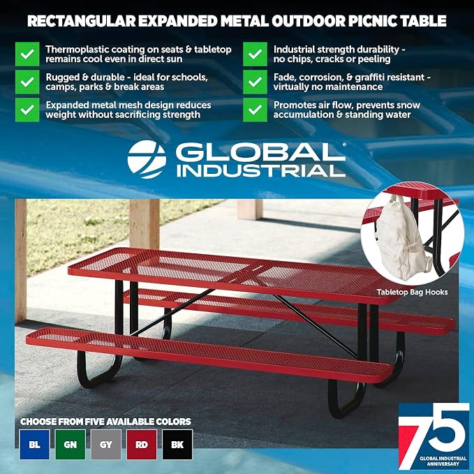 Global Industrial 6’L Rectangular Picnic Table, Expanded Metal, Gray Thermoplastic Coating, Attached Benches, 1-1/2” Umbrella Pole Hole, Outdoor-Rated, 1000 lb Capacity, 72” x 30” Tabletop