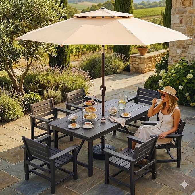 Patio Umbrella, 2 Tier Outdoor Table Umbrella, Large Vented Market Umbrellas with Push Button Tilt and Crank, 8 Sturdy Ribs for Backyard, Deck, Pool, UPF50+ UV Protection