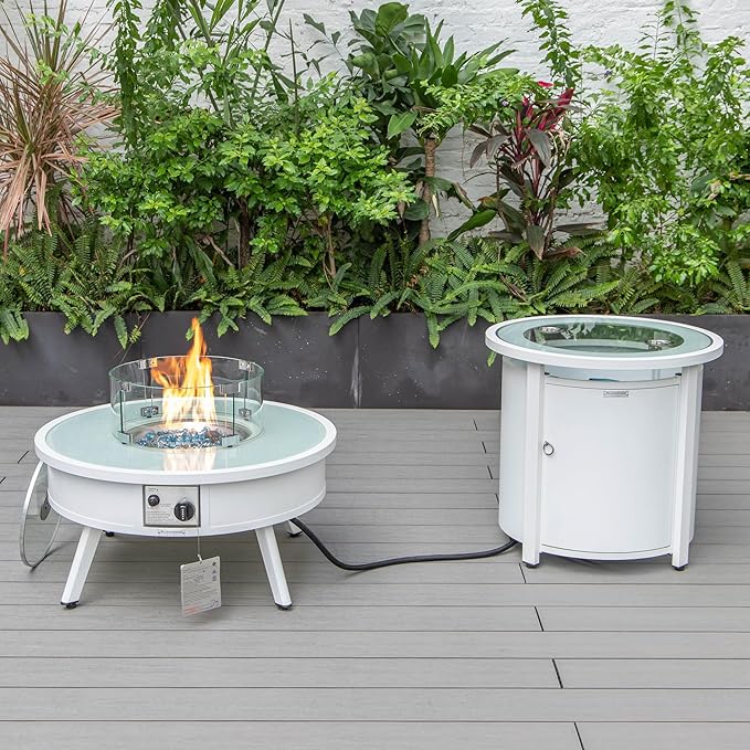 LeisureMod Walbrooke Modern Aluminum 5-Piece Patio Conversation Set with Outdoor Round Firepit Table & Side Table Tank Holder (Charcoal)