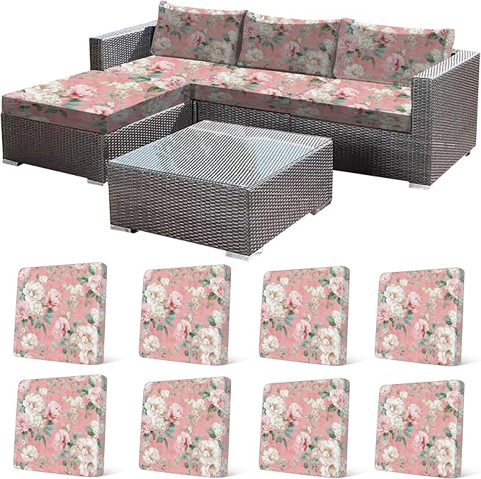 CALBODE 8 Pcs Stretch Outdoor Seat Cushion Covers, Washable Chair Seat Cover for Patio Furniture Cushions Soft Indoor and Outdoor Couch Cover Replacement (Pink Blooming, Cover Only)