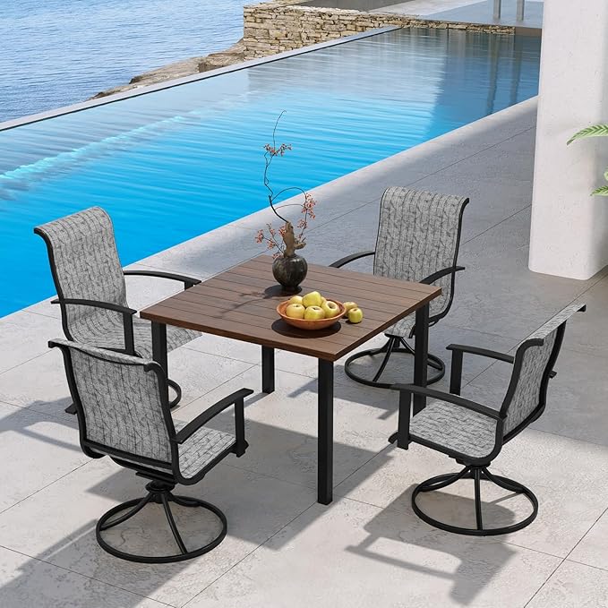Grand patio 5-Piece Outdoor Dining Set for 4, Patio Dining Set with Swivel Patio Chairs & 1 Square Woodgrain Dining Table with Umbrella Hole, Black & Grey Plaid