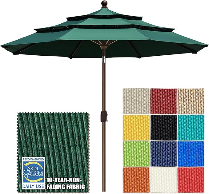 EliteShade USA 10-Year-Non-Fading 10ft 3-Tier Market Patio Umbrella, Commercial Grade Outdoor Table Umbrella with Crank Open, Windproof & UPF 50+ UV Protection, Heavy Duty Ventilation for Garden, Deck, Pool, Backyard, Beach & Bistro, Forest Green