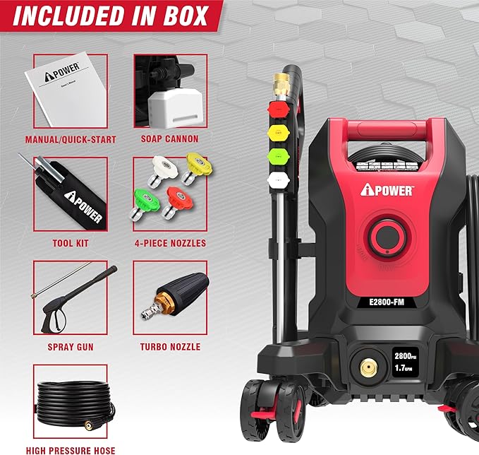 A-iPower Follow Me Electric Pressure Washer 2800 Max PSI 1.7 GPM Anti-Tipping Design with 5 Nozzles, Soap Dispense for Fences, Driveways, Patios, Cars, Home Cleaning, E2800-FM, Red