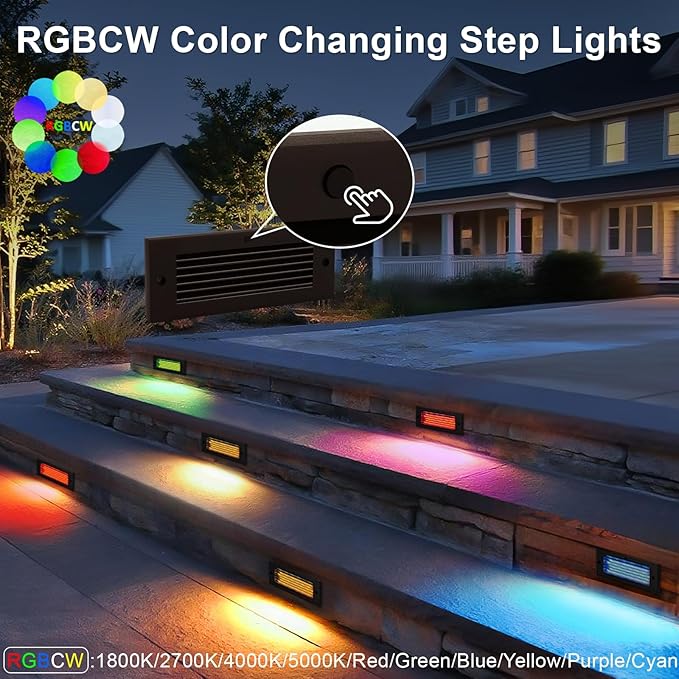 Color Changing RGB Low Voltage Deck Lights, 5W, 8.7 Inch 12V Waterproof Wired Outdoor Stair Lights for Steps, Decks, Fences, Stairwell, Large Area Glare Free Surface Mount, Bronze, ETL, 1PK