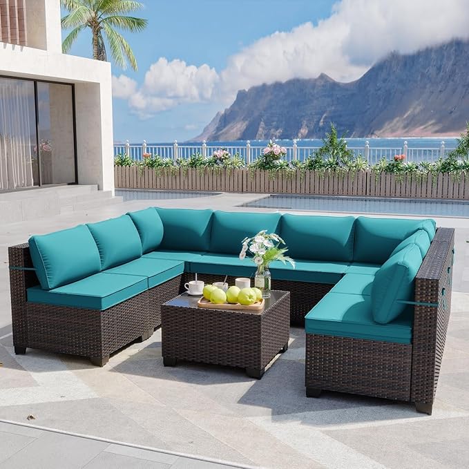 ALAULM 9 Pieces Patio Furniture Set Wicker Patio Conversation Set, Outdoor Sectional Furniture w/Coffee Table & Washable Seat Cushions-Blue