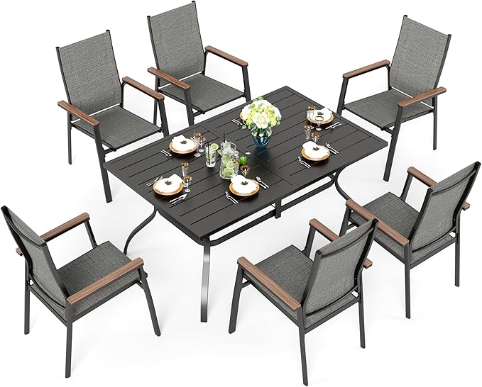 Sophia & William Patio Table and Chairs Set 7 Pieces, 6 Aluminium Patio Dining Chairs with 60" x 38" Metal Dining Table, Stackable and Easy to Move for Outdoor Garden Lawn (Grey)